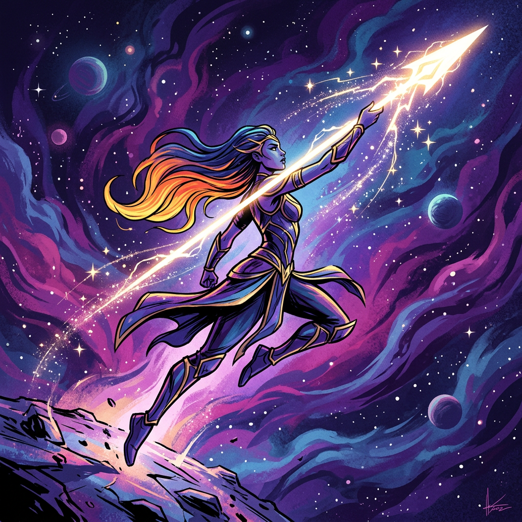 Female cosmic warrior with fiery hair launching glowing spear in vibrant space setting